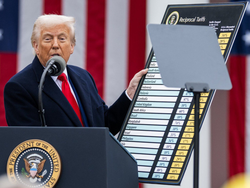 US President Donald Trump signs an Executive Order on the Administration’s tariff plans at a “Make America Wealthy Again” event, Wednesday, April 2, 2025, in the White House Rose Garden.