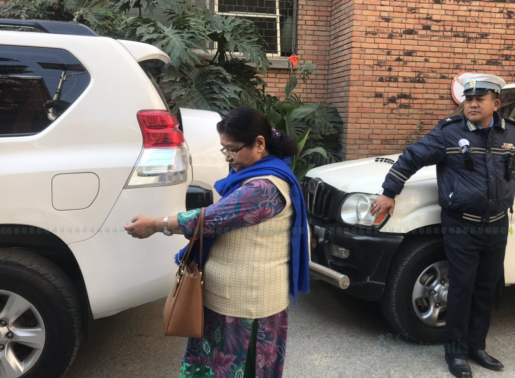 PM Oli's wife Radhika Shakya after meeting him at the hospital.