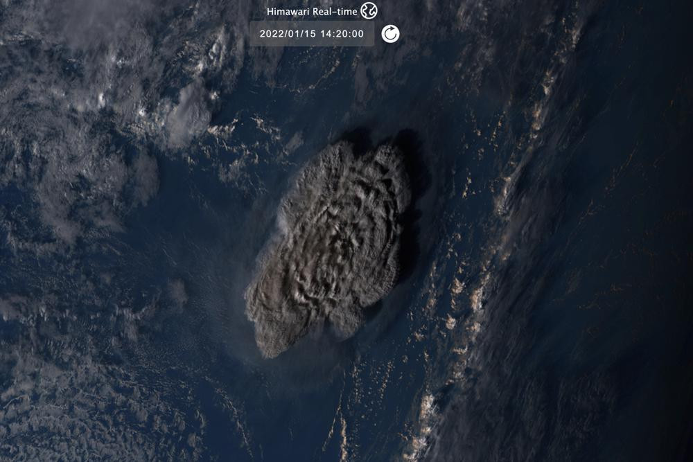 This satellite image taken by Himawari-8, a Japanese weather satellite operated by Japan Meteorological Agency, shows an undersea volcano eruption at the Pacific nation of Tonga Saturday, Jan