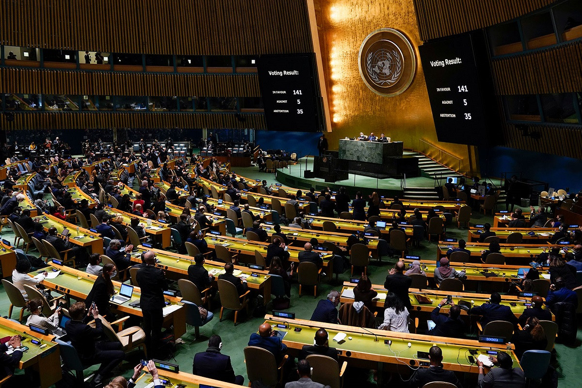 United Nations members vote on a resolution concerning the Ukraine during an emergency meeting of the General Assembly at United Nations headquarters, Wednesday, March 2, 2022.