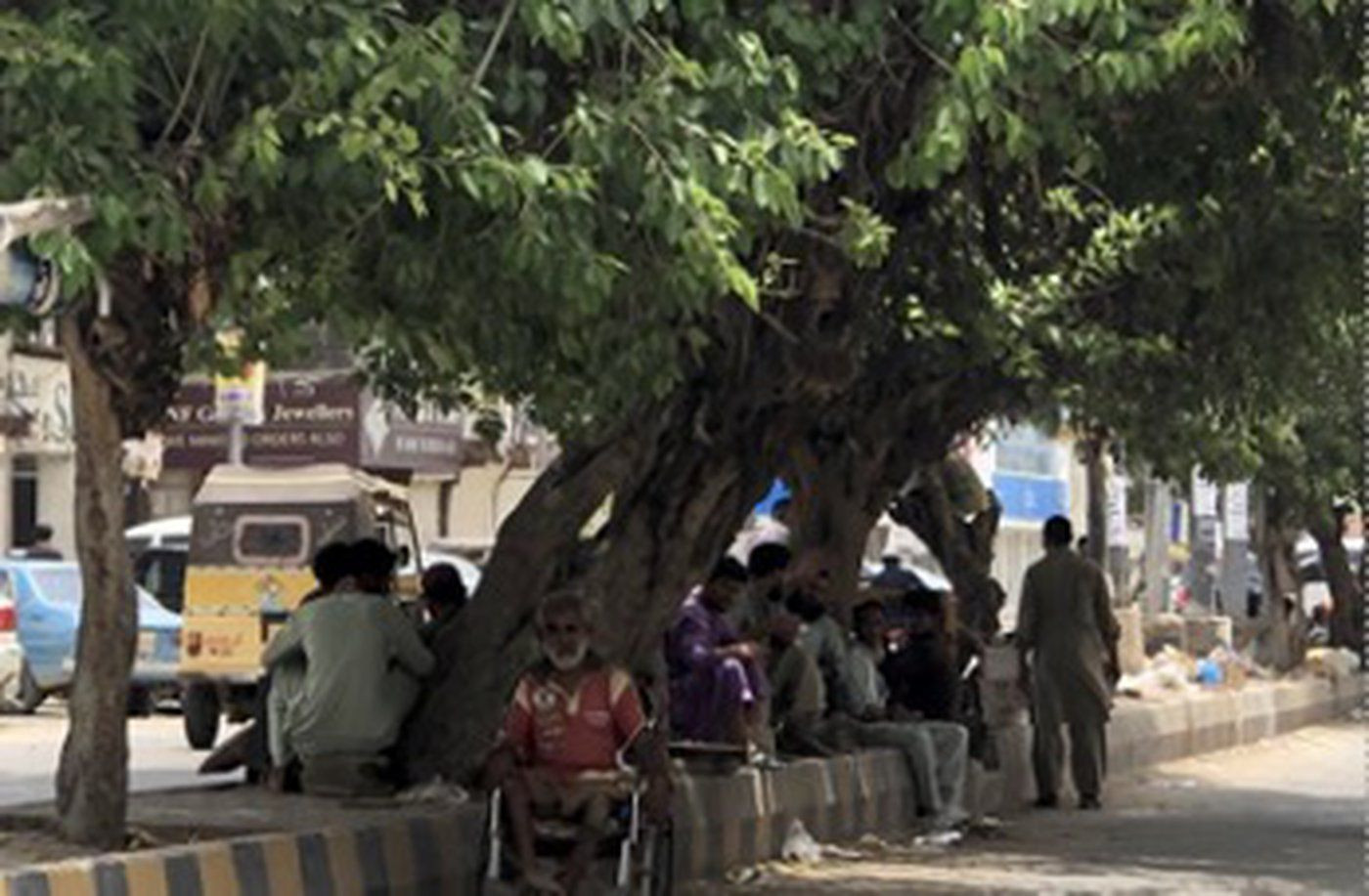Men gathering under a street tree. (Photo courtesy of Karachi Urban Lab, 2020/ Soha Macktoom)