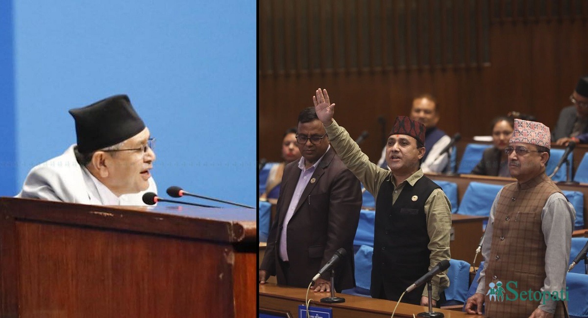 सभामुख देवराज घिमिरे र सदनमा बोल्न समय माग गर्दै कांग्रेस सांसदहरू। तस्बिर: नवीनबाबु गुरूङ/सेतोपाटी।