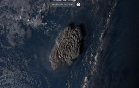 This satellite image taken by Himawari-8, a Japanese weather satellite operated by Japan Meteorological Agency, shows an undersea volcano eruption at the Pacific nation of Tonga Saturday, Jan