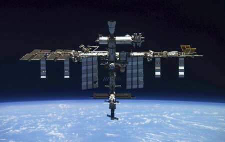 This photo released by Roscosmos Space Agency Press Service shows the International Space Station on March 30, 2022, photographed by the crew of a Russian Soyuz MS-19 spaceship after undockin