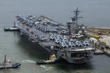 FILE - The Theodore Roosevelt (CVN 71), a nuclear-powered aircraft carrier is anchored in Busan, South Korea, on June 22, 2024. The newly-inaugurated Freedom Edge exercise is wrapping up in the East China Sea, having brought together Japanese, South Korean and American naval assets for multi-domain maneuvers for the first time. AP/RSS Photo