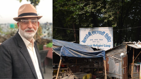 President of Bhutan People's Party Balaram Paudyal (left) and Beldangi Refugee Camp in Jhapa.