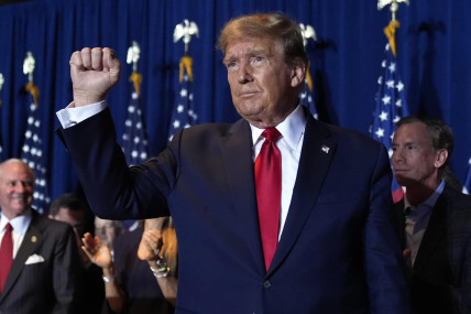 Republican presidential candidate former President Donald Trump reacts at a primary election night party at the South Carolina State Fairgrounds in Columbia, S.C., Saturday, Feb. 24, 2024. (AP/RSS Photo)