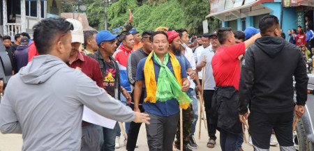 Hangam (in khada) during a demonstration in Phungling. Photo Courtesy: Hangam's secretariat