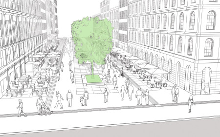 सवारीमुक्त न्यूरोडको ढाँचा। स्केच स्रोत: ग्लोबल स्ट्रिट डिजाइन गाइड