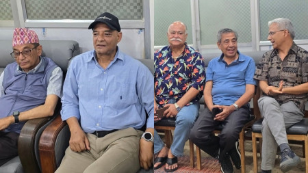 Dhawal Shumsher Rana (second from left) and Rabindra Mishra (far right) attend a meeting of the RPP central working committee at Dhumbarahi, Kathmandu.