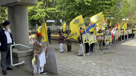 Members of British Columbia's Sikh community gather in front of the courthouse in Surrey, British Columbia, Tuesday, May 7, 2024. (AP)
