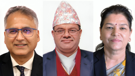 FILE - (From left) Meghraj Pokharel, Shreekanta Paudel, and Shanti Singh Thapa.