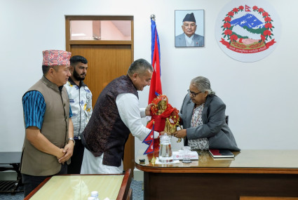 अघिल्लो पटक प्रधानमन्त्री सुशीला कार्कीलाई भेट्दा दुर्गाको मूर्ति उपहार दिँदै दुर्गा प्रसाईं।