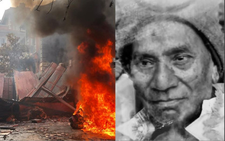 भदौ २४ मा जलेको गणेशमानको घर र गणेशमान सिंह। फाइल तस्बिर।