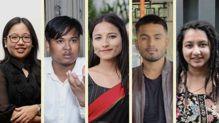 बायाँबाट क्रमश: सामना लावती, अर्णव चौधरी, रक्षा बम, पुरूषोत्तम यादव र मोनिका घिमिरे।