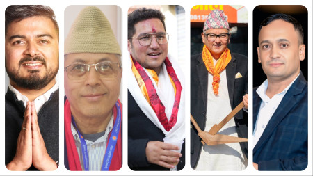 बायाँबाट क्रमश: नेपाली कांग्रेसका सचिन तिमल्सेना, नेकपा एमालेका राजन भट्टराई, रास्वपाका पुकार बम, राप्रपाका सुरेश भण्डारी र नेकपाका इन्द्र भुसाल।