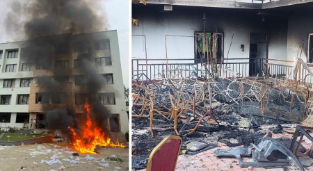 भदौ २४ को हमलापछि माला इन होटल (बायाँ) र कोमल रिसोर्ट (दायाँ)