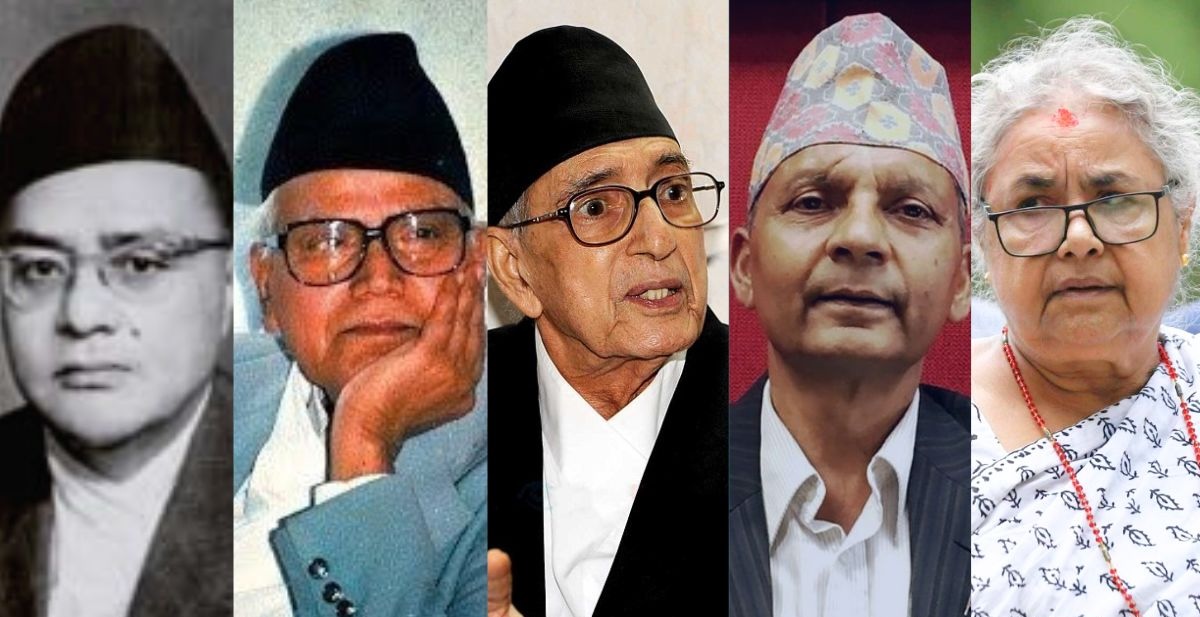 बायाँबाट क्रमशः सुवर्ण शमशेर राणा, कृष्ण प्रसाद भट्टराई, गिरिजा प्रसाद कोइराला, खिलराज रेग्मी र सुशीला कार्की।