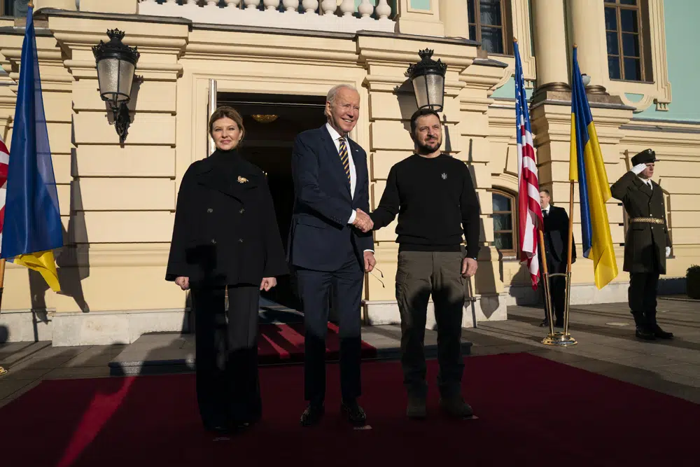 President Joe Biden, center, meets with Ukrainian President Volodymyr Zelenskyy, right, and Olena Zelenska, left, spouse of President Zelenskyy, at Mariinsky Palace on a surprise visit, Monday, Feb. 20, 2023, in Kyiv. AP/RSS Photo