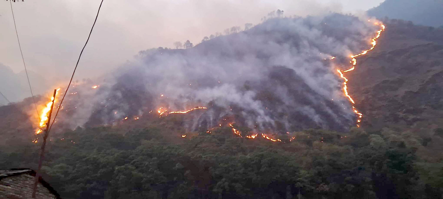 म्याग्दीको रानीभीर ठाडोपाखा सामुदायिक वनमा लागेको डढेलो। तस्बिर: रासस।