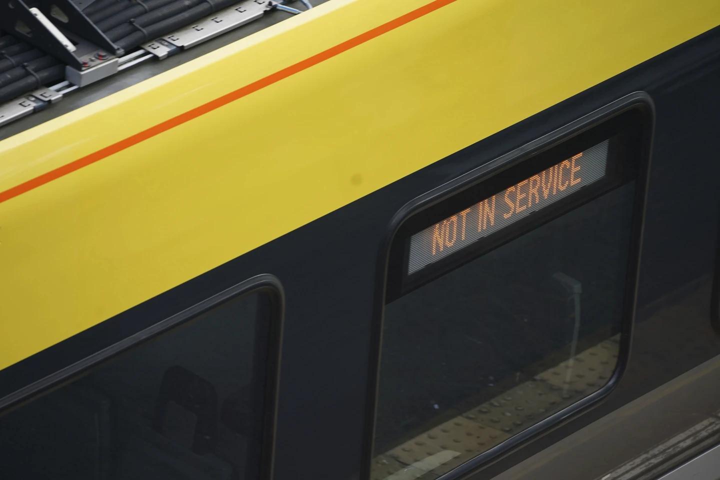 This shows a general view of a Great Northern railway train at Hunt’s Cross station in Liverpool, England amid reports of widespread IT outages affecting airlines, broadcasters and banks, Friday, July 19, 2024. (AP)
