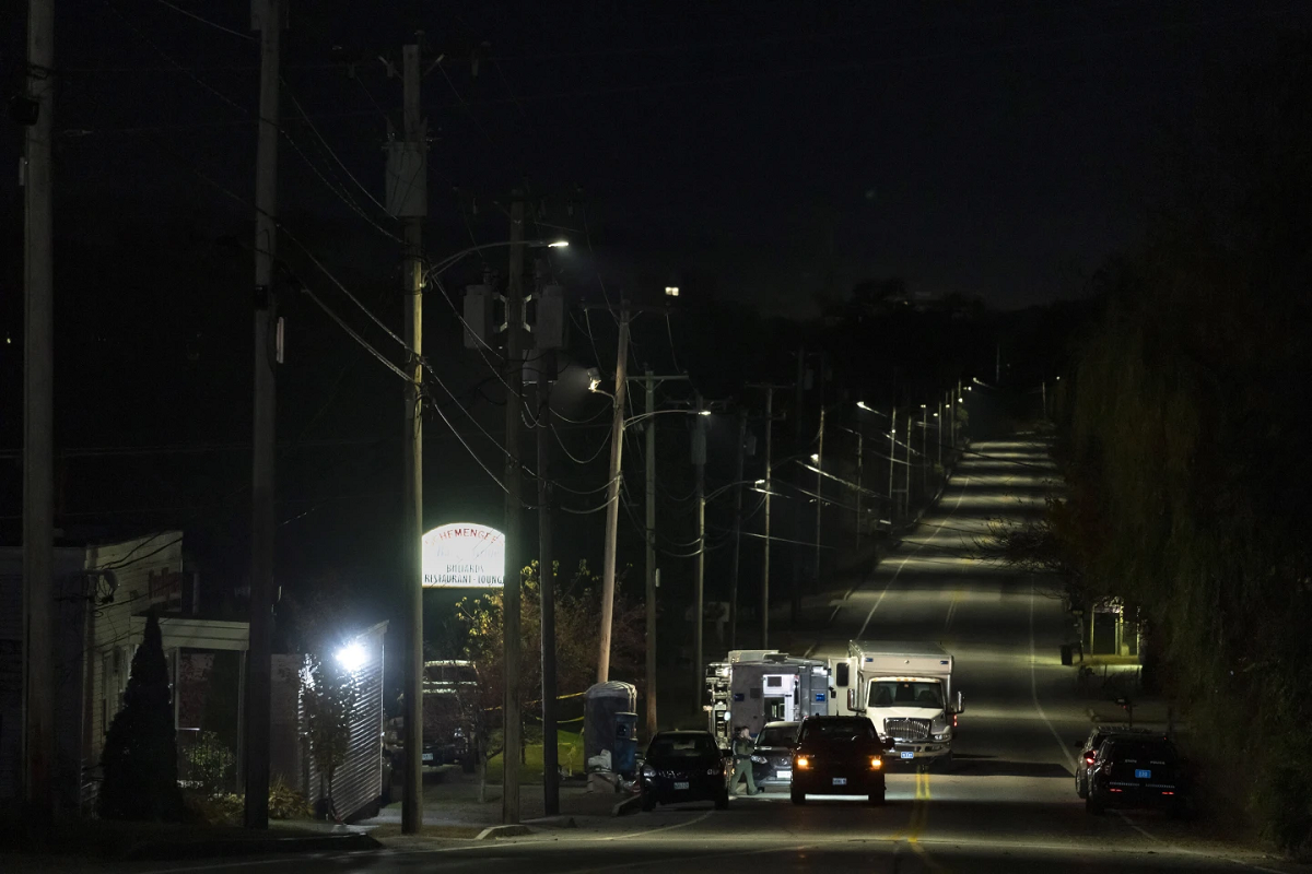 Law enforcement officers maintain their presence at Schemengees Bar and Grille in the aftermath of a mass shooting in Lewiston, Maine, Friday, Oct. 27, 2023. AP/RSS Photo