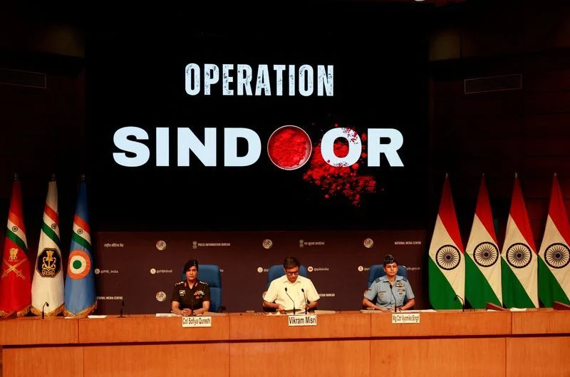 Indian Foreign Secretary Vikram Misri with Army's Colonel Sofiya Qureshi and IAF Wing Commander Vyomika Singh during a press conference regarding 'Operation Sindoor', in New Delhi, Wednesday. PTI  Photo