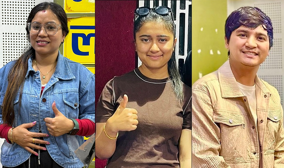 -गायिकाद्वय दीपिका वयम्बु, रचना रिमाल र मालाश्री स्टुडिओका प्रबन्ध निर्देशक शम्भु कुवँर