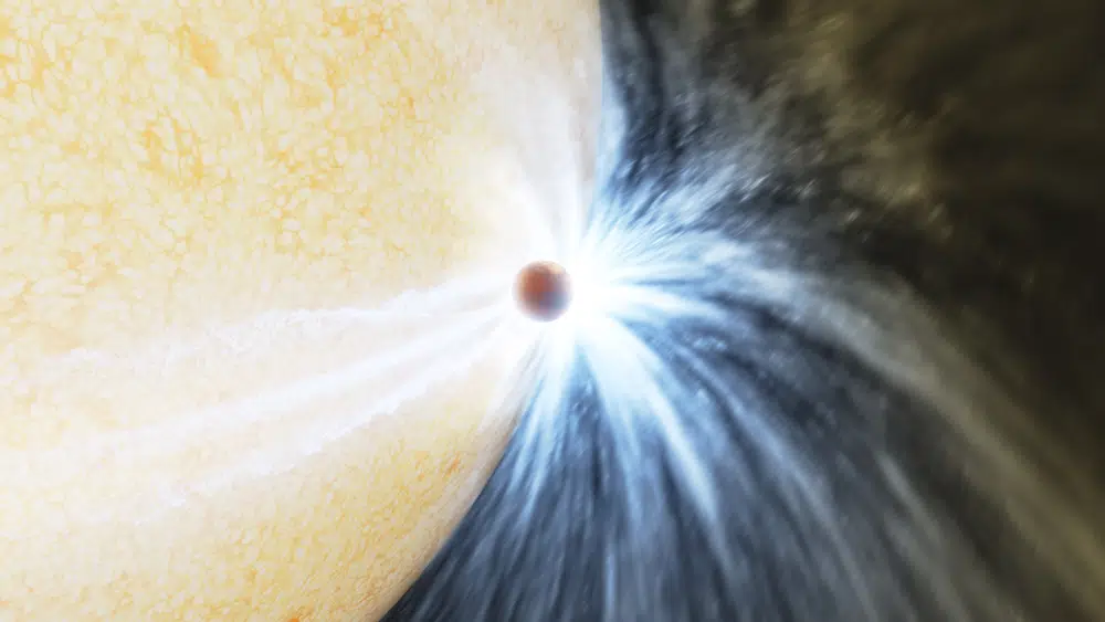 This illustration provided Caltech/IPAC by depicts a planet skimming the surface of its star. Astronomers reported their observations Wednesday, May 3, 2023, of what appears to be a gas giant at least the size of Jupiter being eaten by its star. The sun-like star had been puffing up with old age for eons and finally got so big that it engulfed the close-orbiting planet. AP/RSS Photo