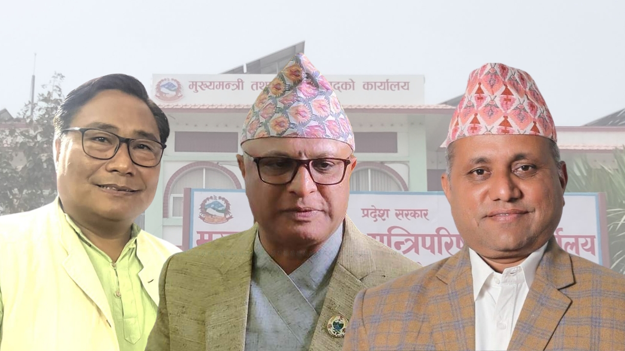 कोशी प्रदेशको नेपाली कांग्रेसका प्रमुख सचेतक गोपाल तामाङ, मुख्यमन्त्री हिक्मत कार्की र कांग्रेस केन्द्रीय सदस्यसमेत रहेका सांसद भीम पराजुली। तस्बिर: फाइल