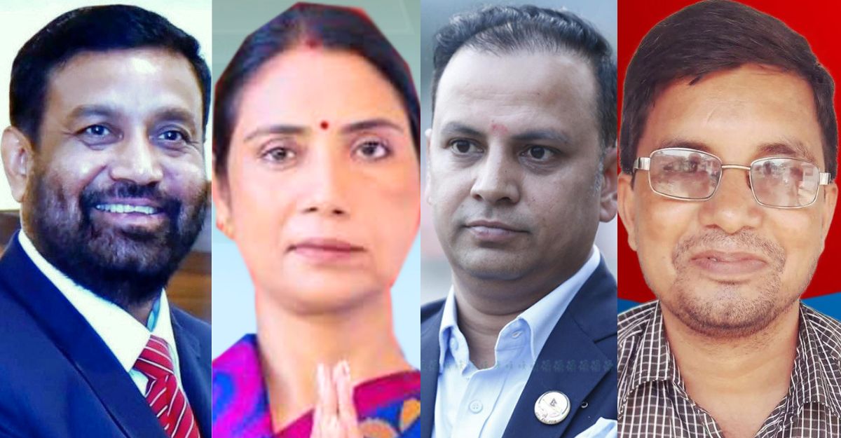 बायाँबाट क्रमश: नेपाली कांग्रेसका विमलेन्द्र निधि, नेकपा एमालेकी जुली महतो, राष्ट्रिय स्वतन्त्र पार्टीका मनिष झा र नेपाली कम्युनिस्ट पार्टीका रामललित मण्डल।