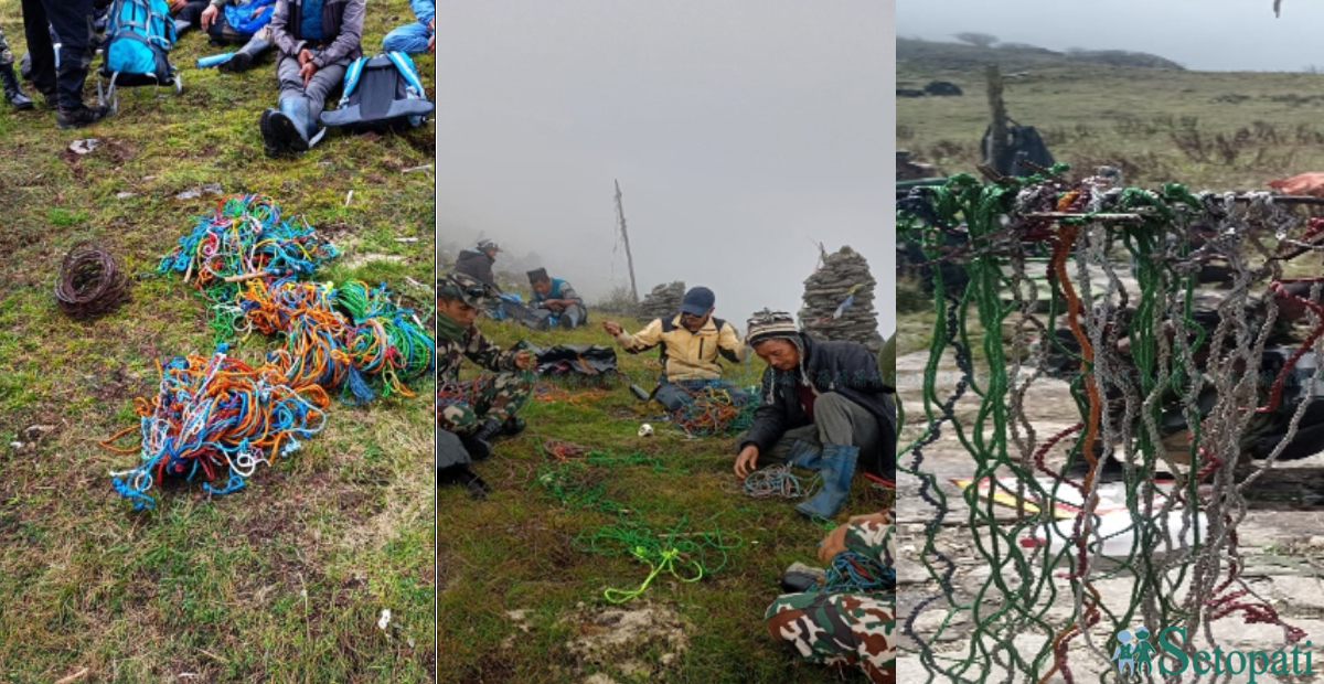 सेनाले निकुञ्ज क्षेत्रबाट बरामद गरेका नाइलन तथा तारका पासो।