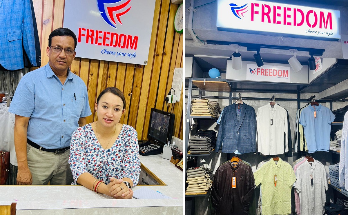 ओम अपेरलका सञ्चालकहरू राजकुमार कार्की र मुना थापा आफ्नो पसलमा।