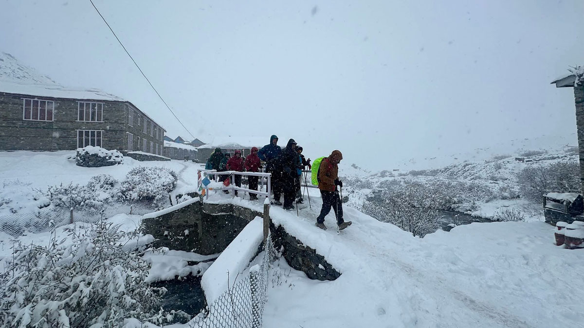 भारी हिमपातपछि तिलिचो आधारशिविरबाट फर्कँदै पदयात्री। तस्बिरः नवीन  लामिछाने/रासस