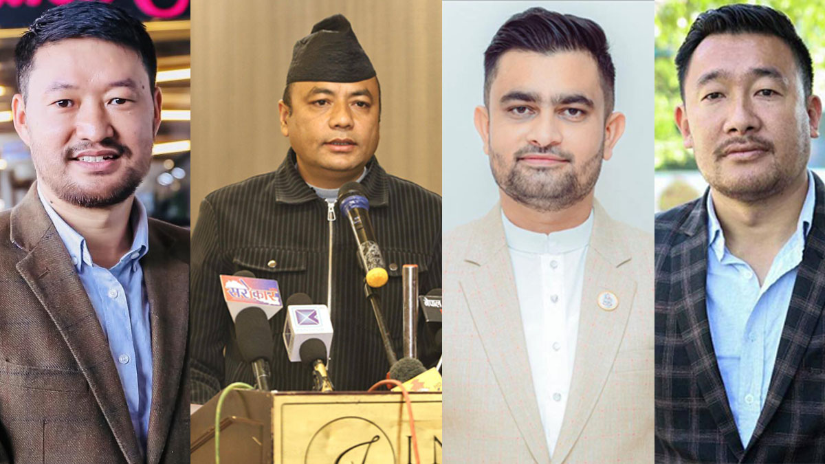 बायाँबाट युवा संघका अध्यक्ष क्षितिज थेवे, अध्यक्षका आकांक्षी कृष्णहरि केसी, सुमन पुरी र महाराज गुरूङ।